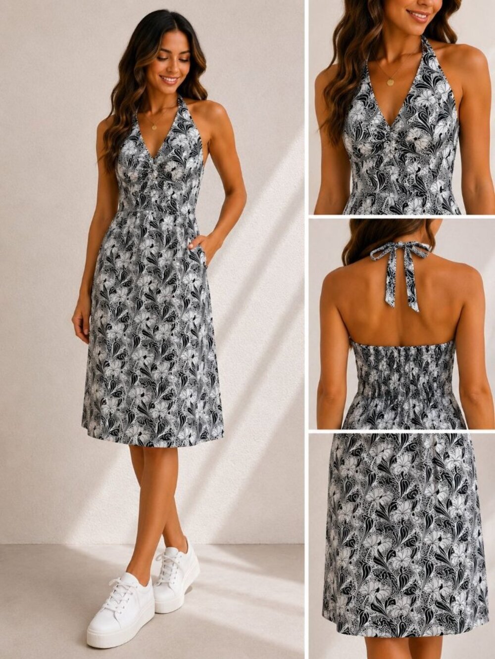 Tommy Hilfiger Women Size 12 Halter Dress Black White Floral Cotton Midi